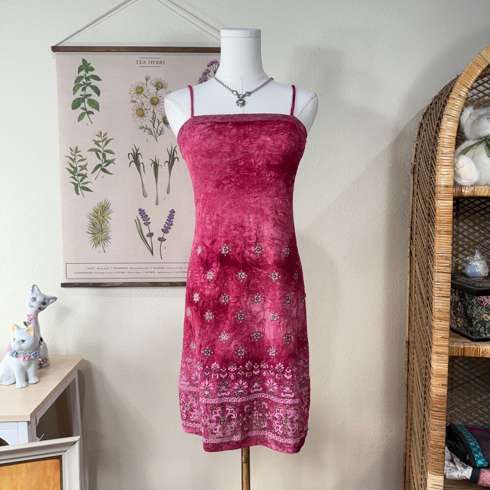 Vtg 90s Y2k Pink Mesh Gold Glitter Mini Dress Fairy Grunge Whimsy Hippie Boho S - Picture 1 of 5